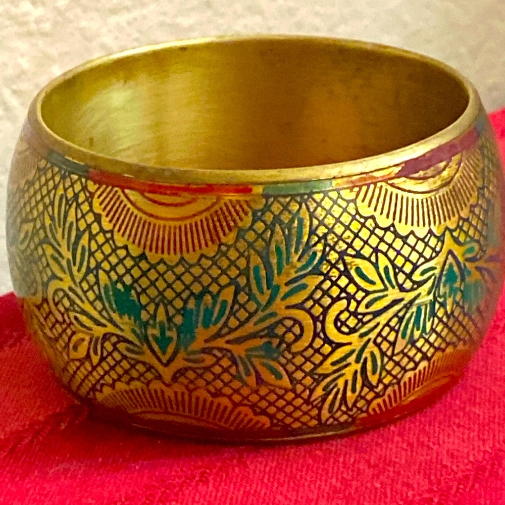 Vintage 90s FAT Enamel & Inlay Brass Bangle Bracelet